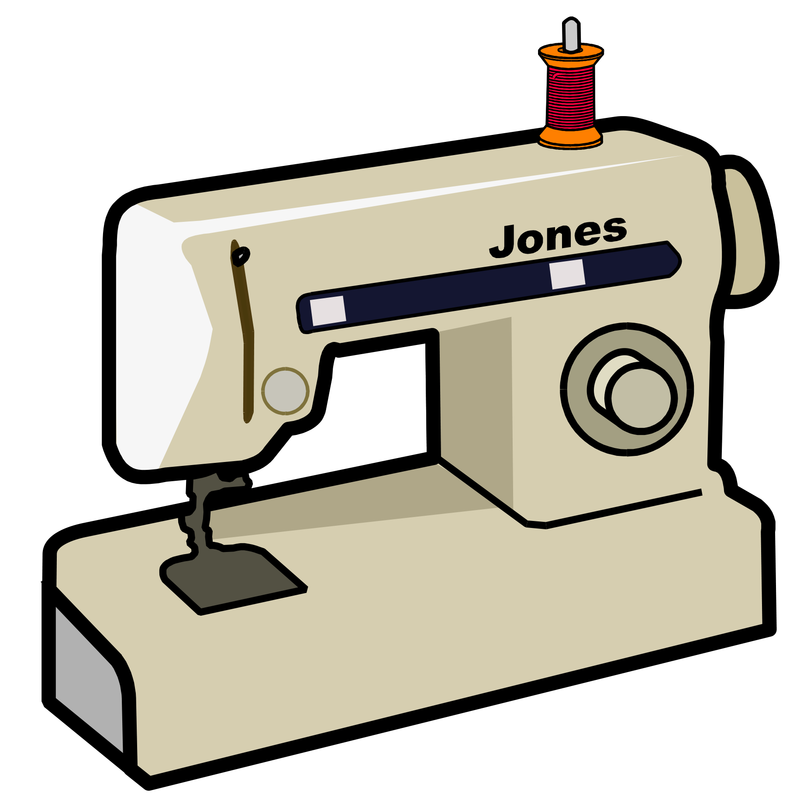 a sewing machine, labelled Jones, with a red spool of thread.